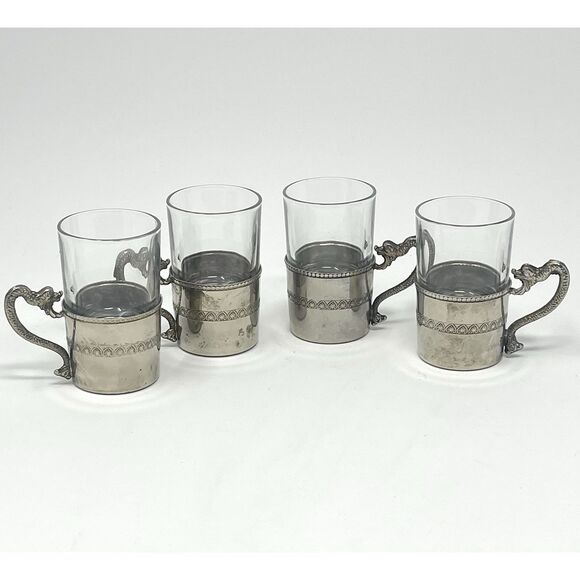 Set Of 4 Vintage Espresso Cordial Glasses Silver Plated Dragon Handles Italy - Picture 1 of 7